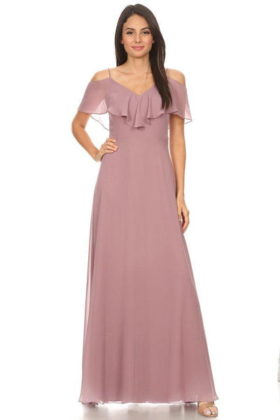 Sophisticated A-line V-neck Back Zipper Cutout V Back Fitted Cold Shoulder Short Sleeves Sleeves Sleeveless Spaghetti Strap Floor Length Natural Waistline Chiffon Dress With Ruffles