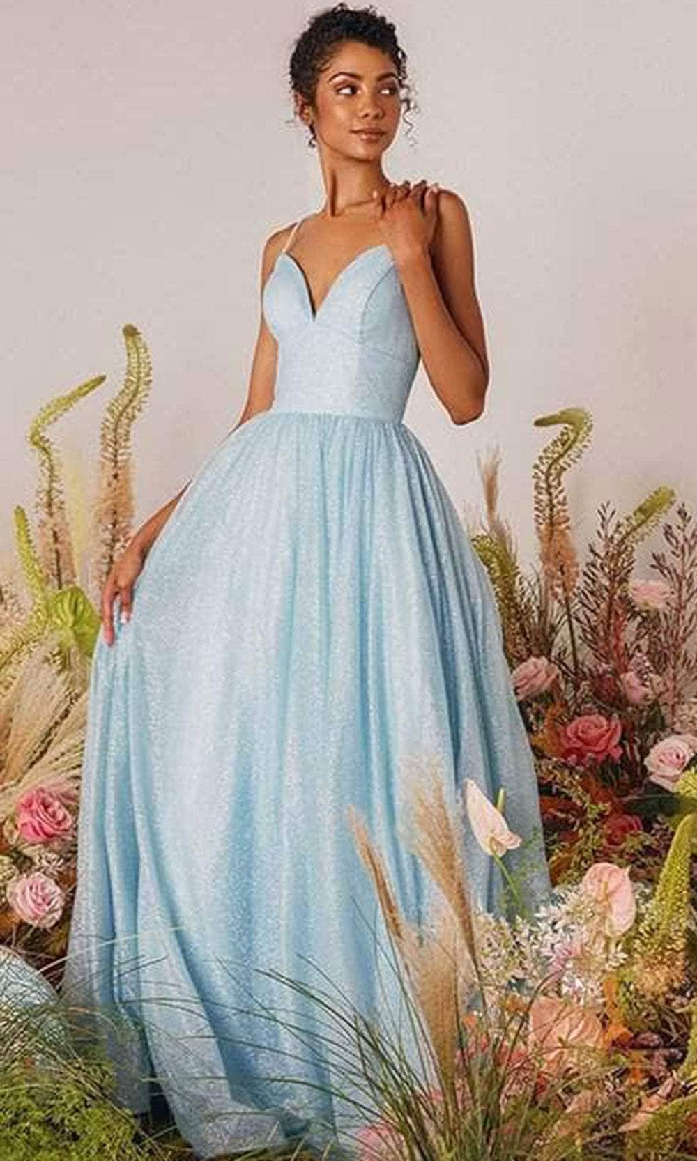 Eureka Fashion 9009 - Glitter Mesh Plunging V-Neck Prom Gown