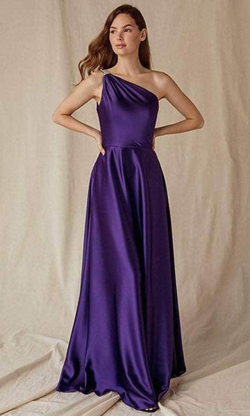 Sophisticated A-line Asymmetric Ruched Pocketed Fitted Natural Waistline One Shoulder Sleeveless Floor Length Evening Dress with a Brush/Sweep Train