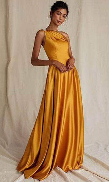 Sophisticated A-line One Shoulder Sleeveless Natural Waistline Floor Length Asymmetric Pocketed Ruched Fitted Evening Dress with a Brush/Sweep Train