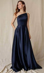 Sophisticated A-line Floor Length Asymmetric Pocketed Ruched Fitted Natural Waistline One Shoulder Sleeveless Evening Dress with a Brush/Sweep Train