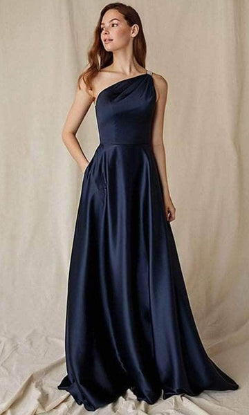 Sophisticated A-line One Shoulder Sleeveless Floor Length Natural Waistline Fitted Asymmetric Ruched Pocketed Evening Dress with a Brush/Sweep Train