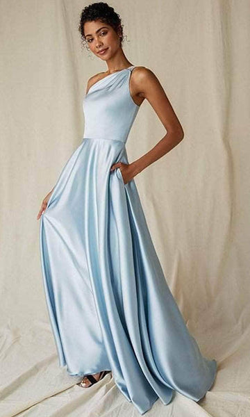 Sophisticated A-line Floor Length Fitted Ruched Pocketed Asymmetric One Shoulder Sleeveless Natural Waistline Evening Dress with a Brush/Sweep Train