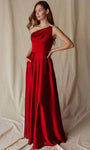 Sophisticated A-line Floor Length Fitted Asymmetric Pocketed Ruched Natural Waistline One Shoulder Sleeveless Evening Dress with a Brush/Sweep Train