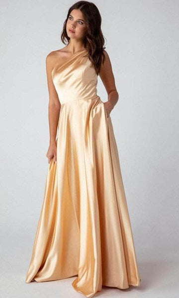 Sophisticated A-line Natural Waistline Asymmetric Pocketed Fitted Ruched Floor Length One Shoulder Sleeveless Evening Dress with a Brush/Sweep Train