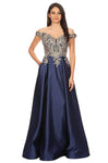 A-line Satin Floor Length Off the Shoulder Fitted Pocketed Pleated Beaded Applique Corset Natural Waistline Fall Evening Dress