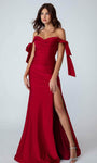 Sweetheart Slit Fitted Ruched Back Zipper Off the Shoulder Spandex Natural Waistline Sheath Sheath Dress/Evening Dress With a Bow(s)