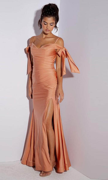Sheath Sweetheart Natural Waistline Off the Shoulder Spandex Ruched Fitted Slit Back Zipper Sheath Dress/Evening Dress With a Bow(s)