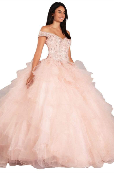 Tulle Basque Waistline Glittering Jeweled Fitted Lace-Up Mesh Floor Length Off the Shoulder Evening Dress With Ruffles