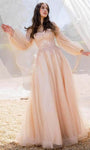 A-line Strapless Lace-Up Glittering Sheer Fitted Applique Embroidered Open-Back Mesh Sweetheart Long Sleeves Lace Floor Length Natural Waistline Evening Dress