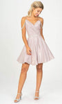 A-line V-neck Cocktail Short Natural Waistline Fit-and-Flare Fitted Lace-Up Glittering Mesh Plunging Neck Spaghetti Strap Dress