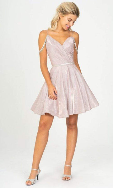 A-line V-neck Fitted Lace-Up Glittering Mesh Fit-and-Flare Plunging Neck Spaghetti Strap Natural Waistline Cocktail Short Dress