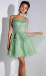 A-line Cocktail Short Lace-Up Mesh Glittering Applique Sleeveless Straight Neck Natural Waistline Dress