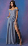 Sexy A-line Sweetheart Lace-Up Pleated Glittering Slit Applique Fitted Open-Back Pocketed Off the Shoulder Floor Length Natural Waistline Evening Dress