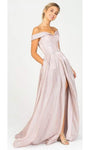 Sophisticated A-line Floor Length Off the Shoulder Glittering Slit Pleated Fitted Beaded Natural Waistline Evening Dress/Party Dress with a Brush/Sweep Train