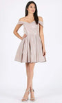 A-line Jersey Natural Waistline Off the Shoulder Pleated Glittering Cocktail Short Prom Dress