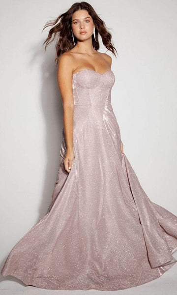 A-line Strapless Jersey Floor Length Corset Natural Waistline Sweetheart Glittering Prom Dress with a Brush/Sweep Train