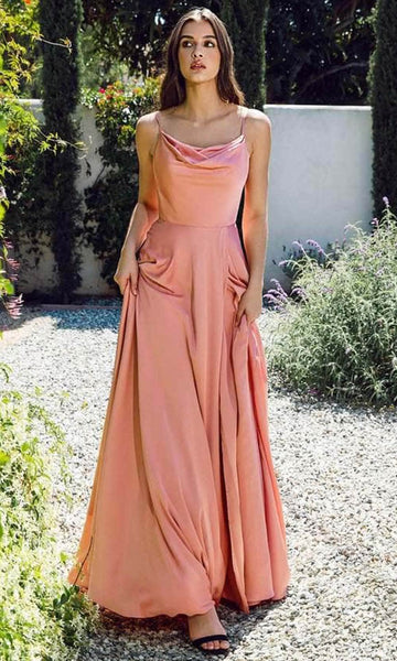 Sexy Sophisticated A-line Satin Sleeveless Spaghetti Strap Slit Natural Waistline Cowl Neck Floor Length Dress