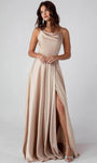 Sexy Sophisticated A-line Sleeveless Spaghetti Strap Floor Length Cowl Neck Slit Natural Waistline Satin Dress