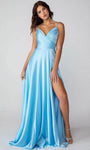 A-line V-neck Natural Waistline Fitted Wrap Slit Pleated Sleeveless Spaghetti Strap Floor Length Satin Dress