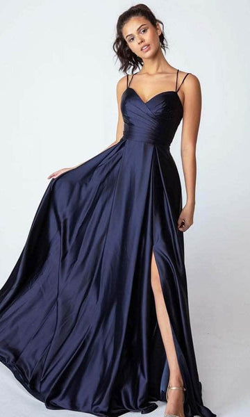 A-line V-neck Satin Sleeveless Spaghetti Strap Pleated Slit Lace-Up Open-Back Wrap Floor Length Natural Waistline Evening Dress