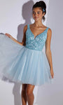 A-line V-neck Tulle Cocktail Short Sleeveless Mesh Glittering Sequined Sheer Beaded Natural Waistline Dress