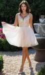 A-line V-neck Sleeveless Glittering Sequined Mesh Sheer Beaded Natural Waistline Cocktail Short Tulle Dress