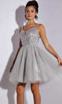 A-line V-neck Cocktail Short Sleeveless Sequined Mesh Sheer Beaded Glittering Tulle Natural Waistline Dress