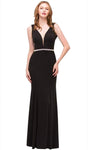 Sophisticated V-neck Plunging Neck Floor Length Jersey Sheath Back Zipper V Back Beaded Belted Sleeveless Elasticized Natural Waistline Sheath Dress/Evening Dress