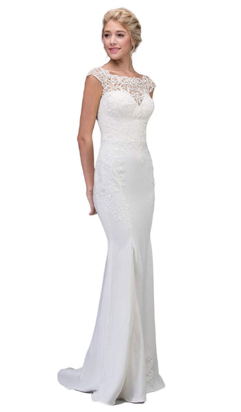 Fitted Back Zipper Illusion Stretchy Applique Cap Sleeves Bateau Neck Sweetheart Floor Length Natural Waistline Sheath Sheath Dress/Wedding Dress with a Brush/Sweep Train