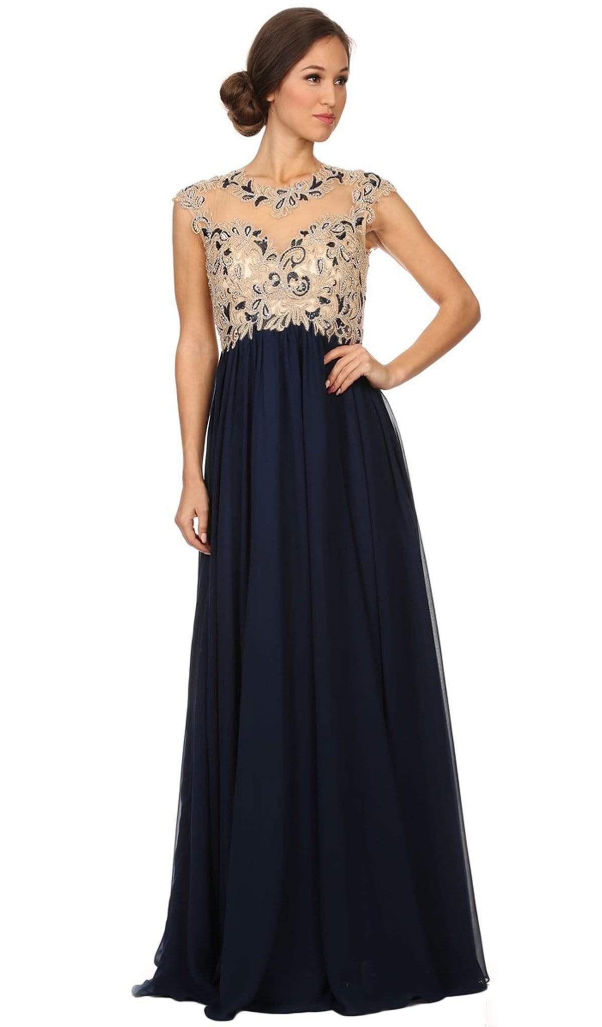 Eureka Fashion - Cap Sleeve Illusion Beaded Lace A-Line Evening Gown