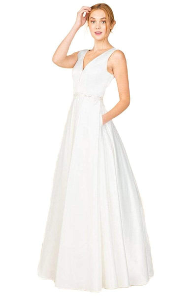 A-line V-neck Floor Length Sleeveless Satin Natural Waistline Pocketed Back Zipper V Back Wrap Fitted Dress