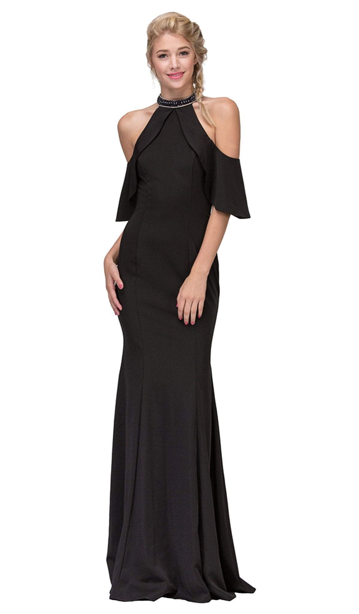 Eureka Fashion - Embellished High Halter Satin Sheath Evening Dress