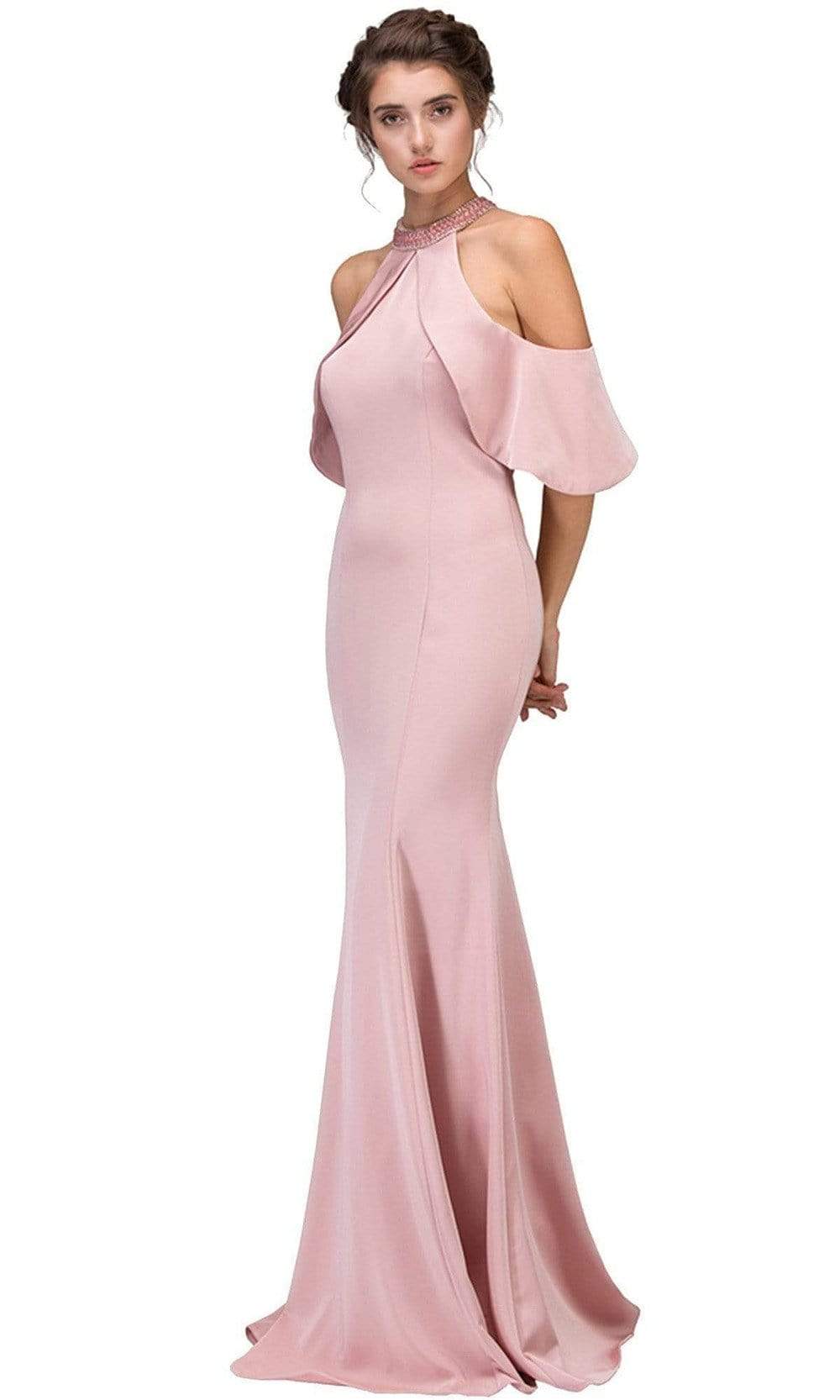 Eureka Fashion - Embellished High Halter Satin Sheath Evening Dress
