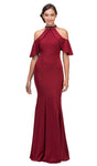 Back Zipper Fitted Keyhole Cold Shoulder Sleeves Natural Waistline Sheath Satin Floor Length Collared Halter Sheath Dress/Evening Dress