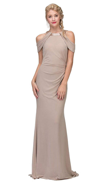 Satin Cold Shoulder Sleeves Natural Waistline Jeweled Neck Fitted Floor Length Short Sheath Sheath Dress/Evening Dress/Prom Dress