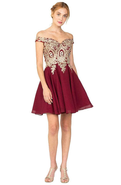 A-line Chiffon Fitted Embroidered Flowy Back Zipper Off the Shoulder Cocktail Short Natural Waistline Dress