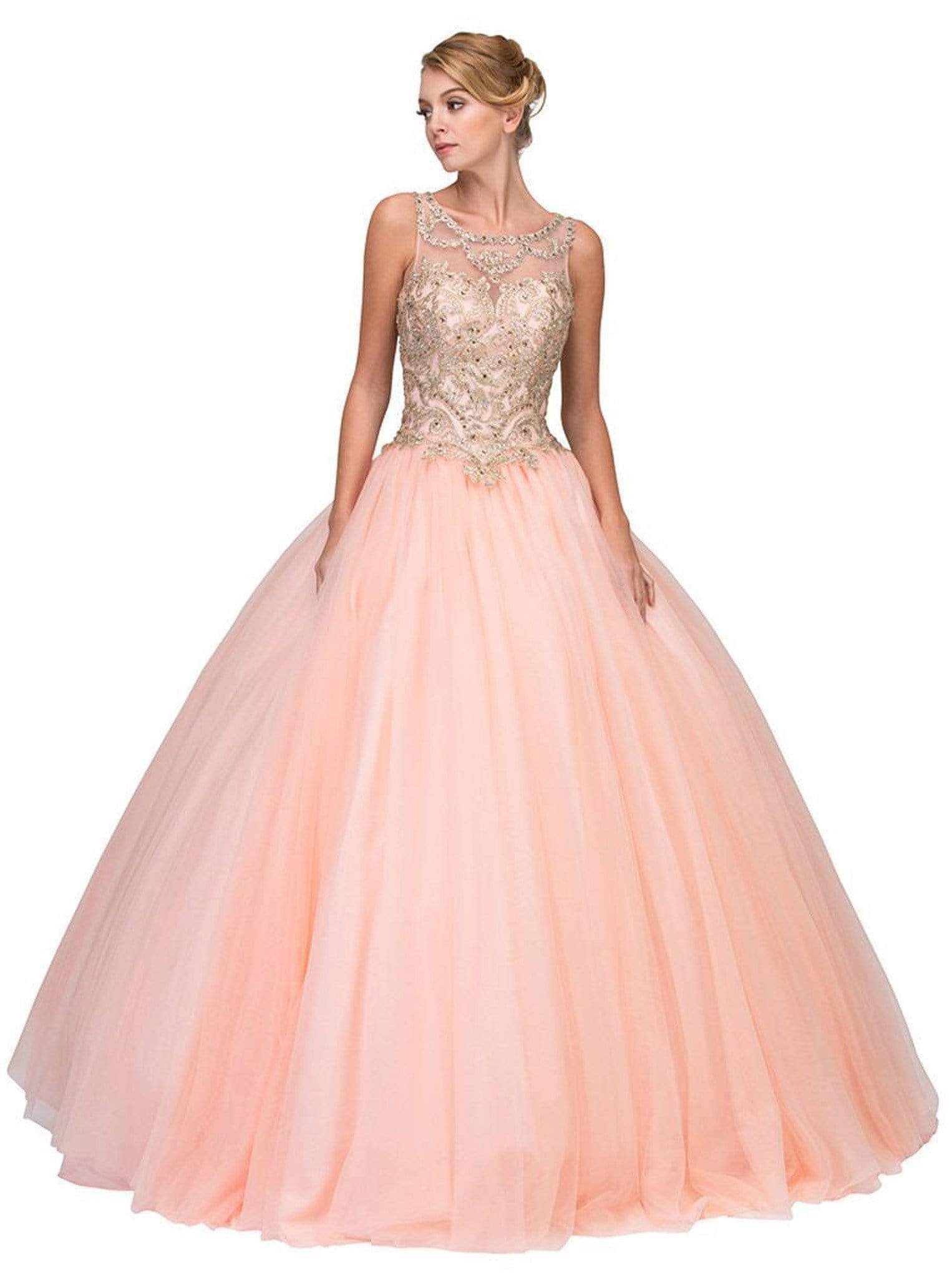 Eureka Fashion - Gilded Bateau Neck Mesh Ball Gown
