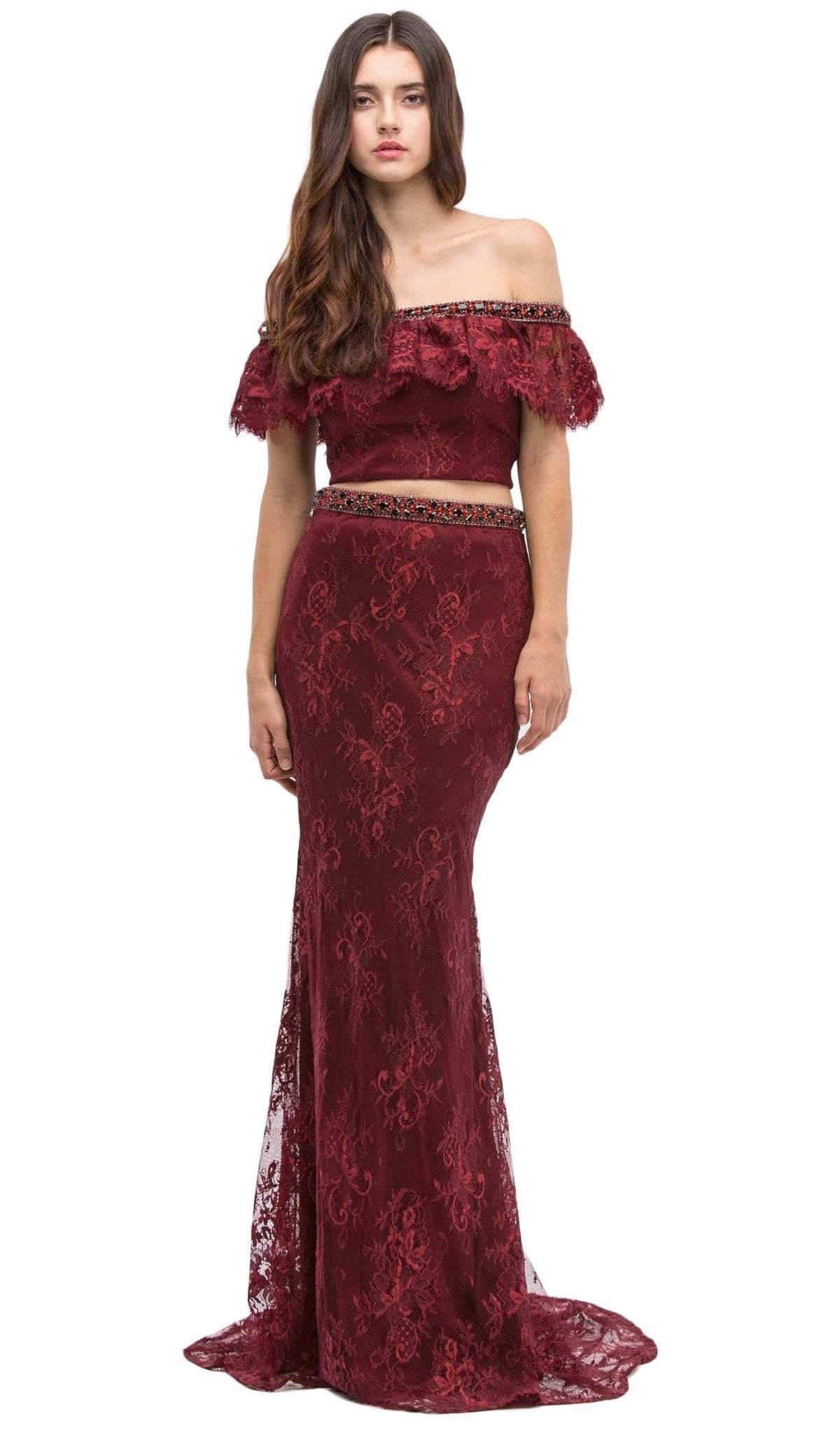 Eureka Fashion - Off-Shoulder Two-Piece Lace Mermaid Evening Gown
