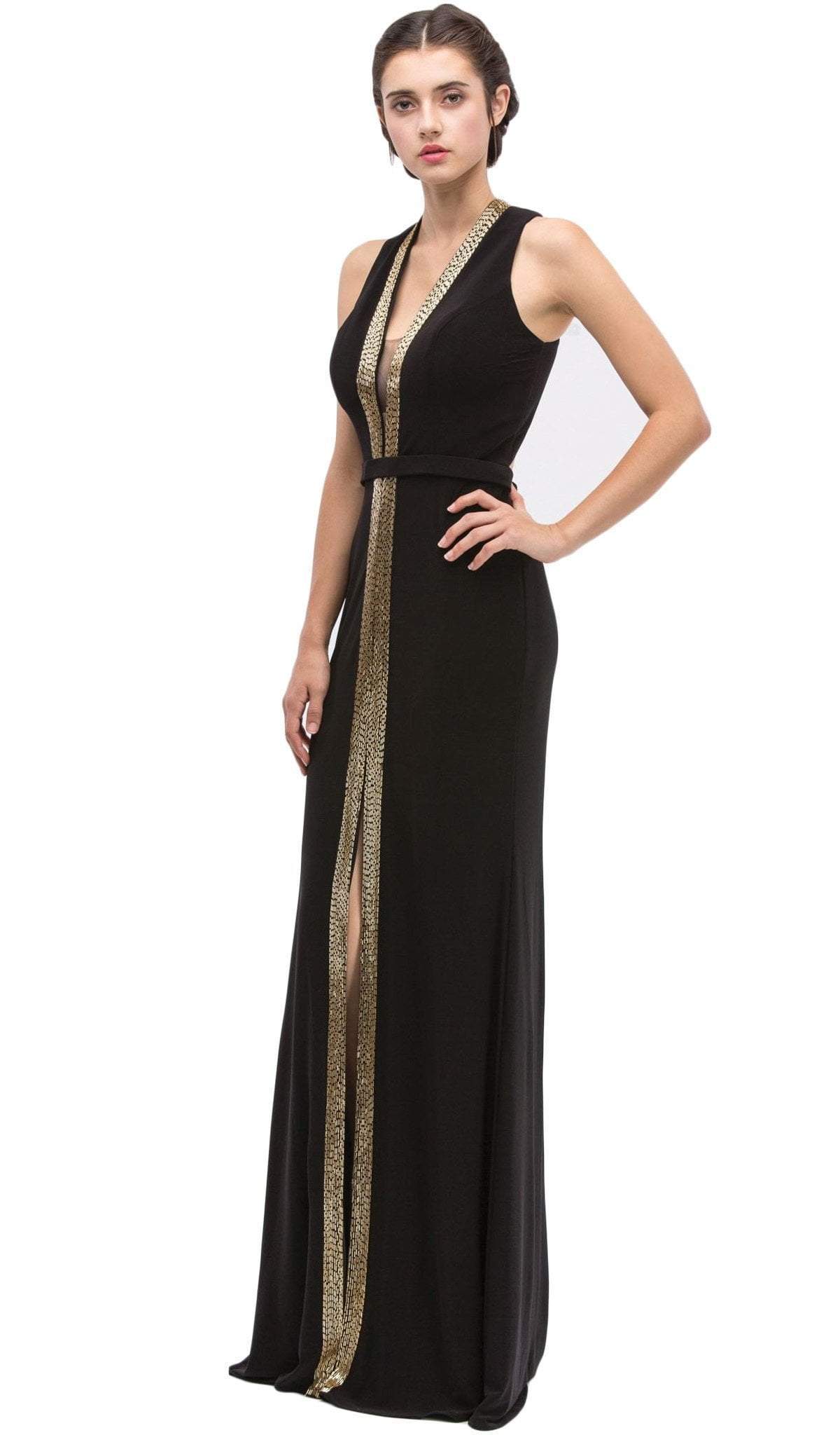 Eureka Fashion - Plunging Gold Beading Fitted Evening Dress