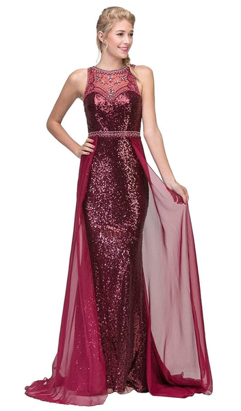 General Print Back Zipper Sequined Illusion Fitted Sheer Beaded Sheath Sleeveless Floor Length Halter Sweetheart Natural Waistline Sheath Dress/Evening Dress with a Brush/Sweep Train