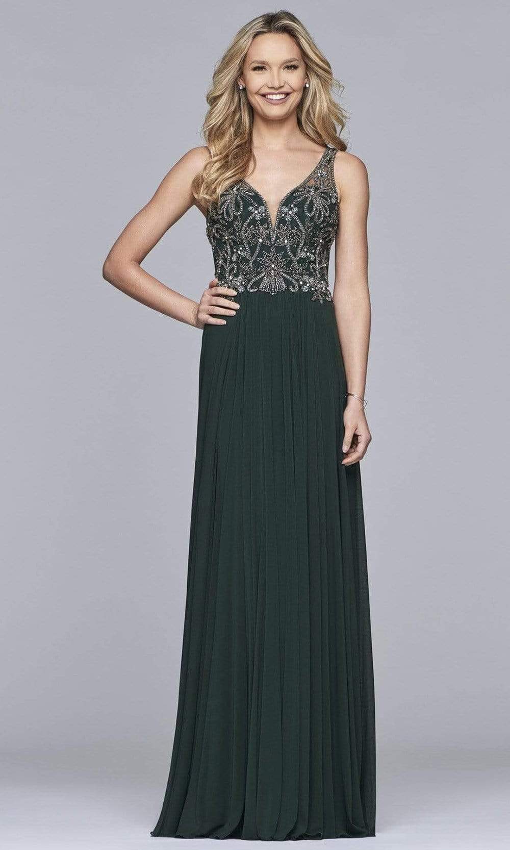 Faviana - 10017 Beaded V-neck A-line Dress
