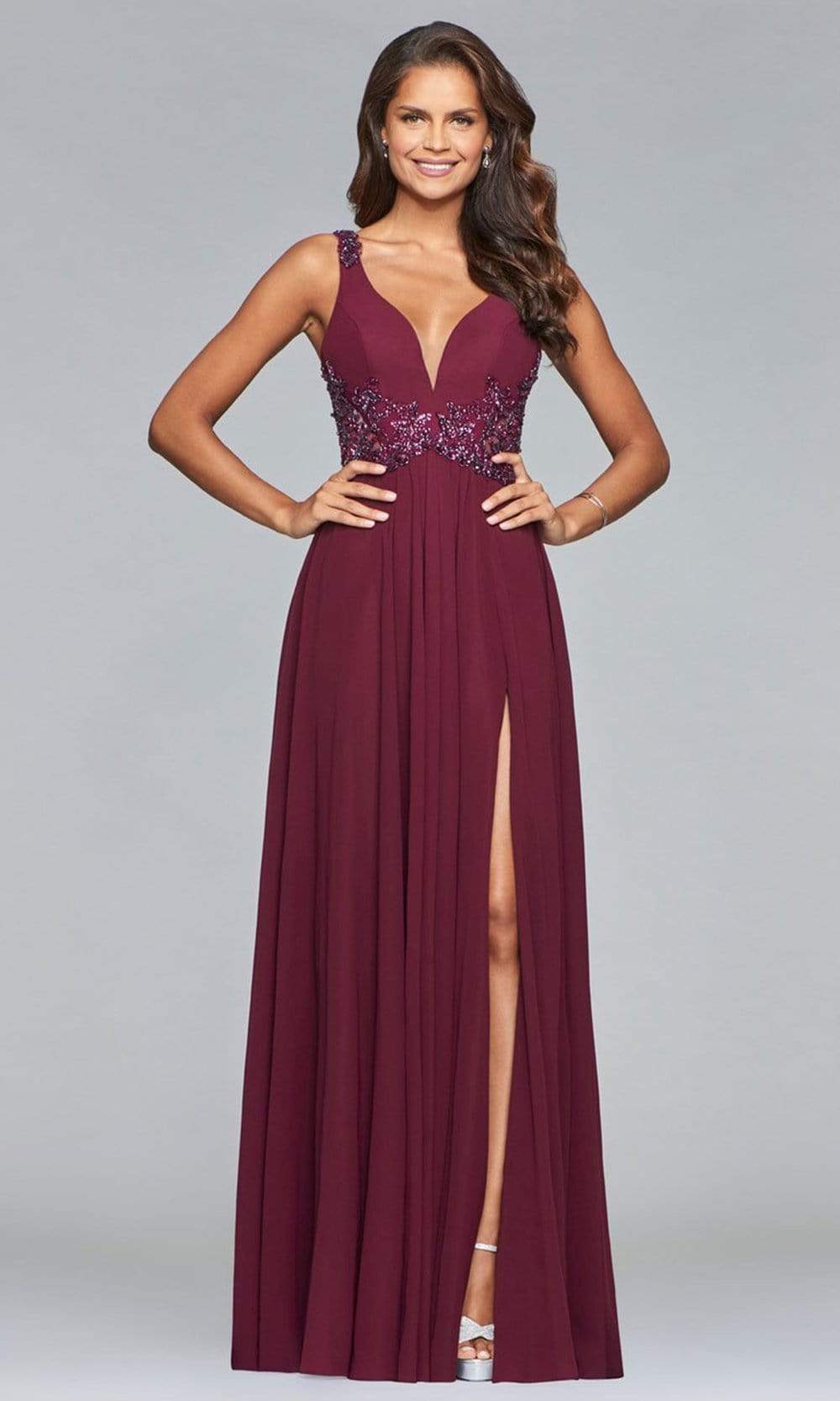 Faviana - 10102 Beaded Plunging V Neck Chiffon Dress