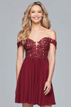 A-line V-neck Cocktail Short Mesh Illusion Beaded Pleated Back Zipper Applique Lace Natural Waistline Cap Sleeves Off the Shoulder Homecoming Dress/Bridesmaid Dress