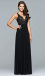 A-line V-neck Lace Plunging Neck Sleeveless V Back Applique Mesh Illusion Dress With Rhinestones by Faviana