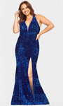 Plus Size Sexy Velvet Natural Waistline Back Zipper Sequined Cutout Slit Sheer Open-Back Illusion Halter Plunging Neck Mermaid Sleeveless Floor Length Evening Dress