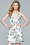A-line V-neck Natural Waistline Lace-Up Illusion Back Zipper Short Spaghetti Strap Floral Print Homecoming Dress