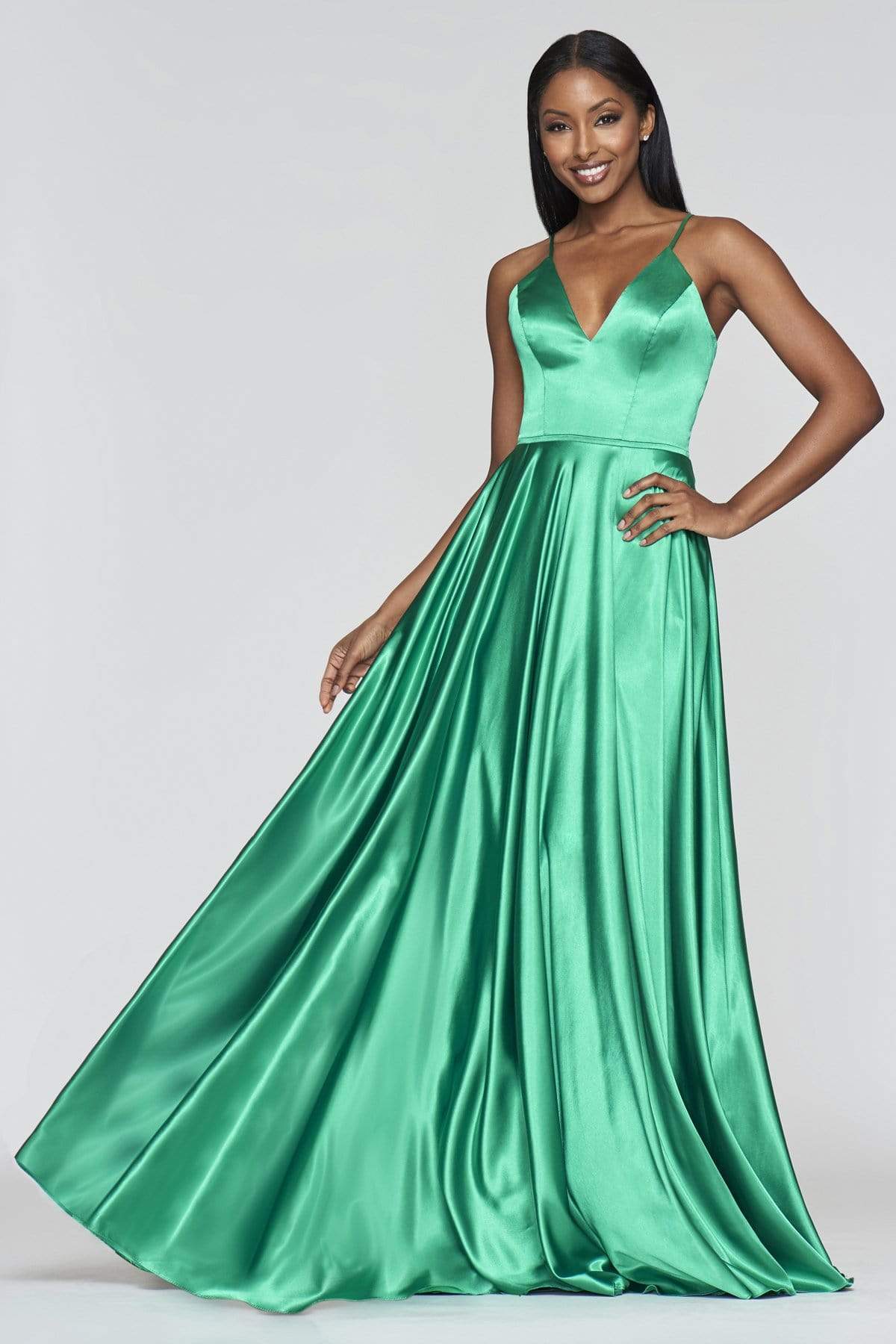 Faviana - S10209 Lace Up Back Satin V Neck Dress – Couture Candy