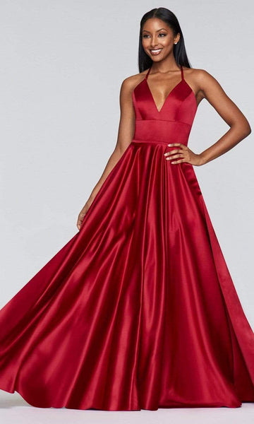 V-neck Lace-Up Pocketed Empire Waistline Floor Length Sleeveless Satin Dress