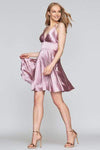 A-line V-neck Charmeuse Empire Waistline Cocktail Short Sleeveless Spaghetti Strap Pleated Back Zipper Flowy Pocketed Dress